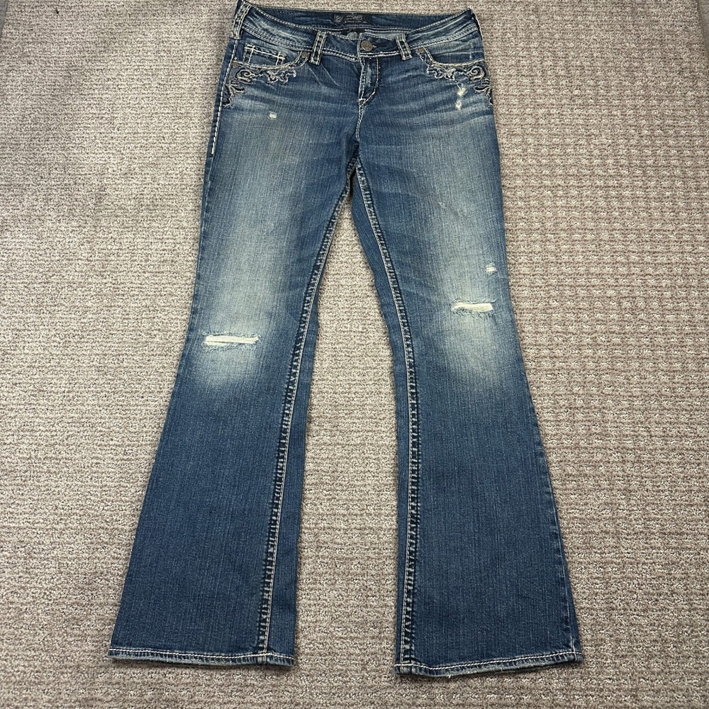 Y2K Silver Jeans Co Suki Flap Bootcut Distressed Embroidered Jeans W29 L32